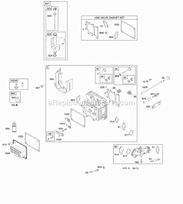 Cylinder Head Gasket Set - Valve Lubrication Valves Diagram and Parts List for 31A707-0335-B1  Briggs and Stratton Engine